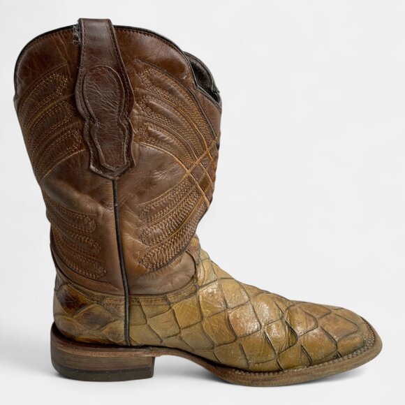 Reywelt Leather Square Toe Pirarucu Fish Pattern Western Cowboy Boots Men's 7.5 - Picture 6 of 13